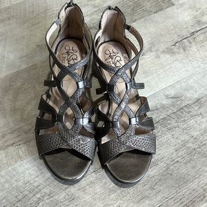 Gray metallic strappy sandals